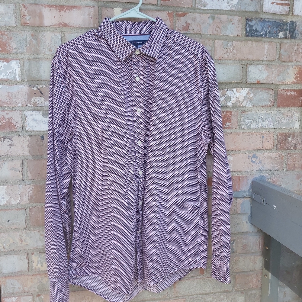Vtg. Tommy Hilfiger Red & Blue  Nautical Print Button Down Lg Shirt